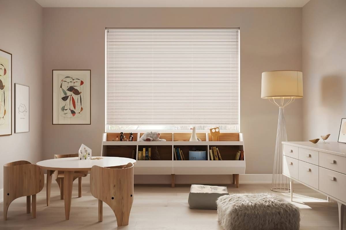 Durable Hunter Douglas Modern Precious Metals® Mini Blinds in a neutral children's playroom near Huntington, WV