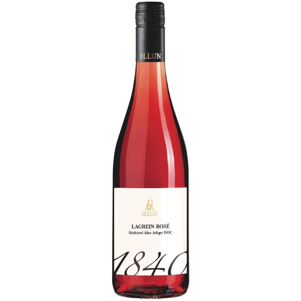 Freigestelltes Produktfoto einer Glasflasche mit kräftig rosafarbenem Lagrein Rosé der Kellerei H. LUN. Das schlichte weiße Etikett zeigt das goldene Firmenlogo, die Herkunftsbezeichnung „Südtirol Alto Adige DOC“ sowie die groß geschriebene Jahreszahl „1840“ im unteren Bereich.
