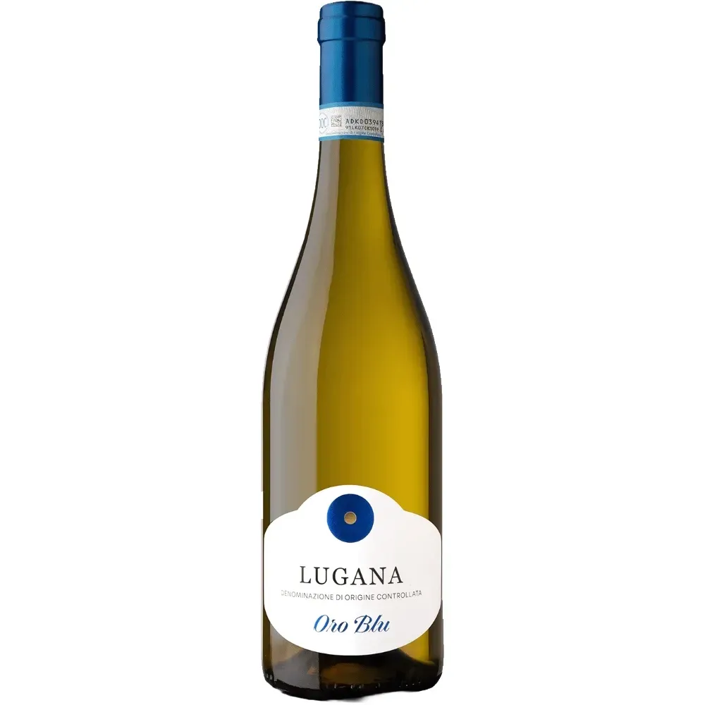 Freigestelltes Produktfoto einer Flasche Lugana Oro Blu (DOC). Die Weißweinflasche besitzt eine blaue Halskapsel mit Banderole und ein weißes Etikett mit einem prägnanten blauen Kreis-Symbol sowie dem Schriftzug „Oro Blu“ in blauer Schreibschrift.