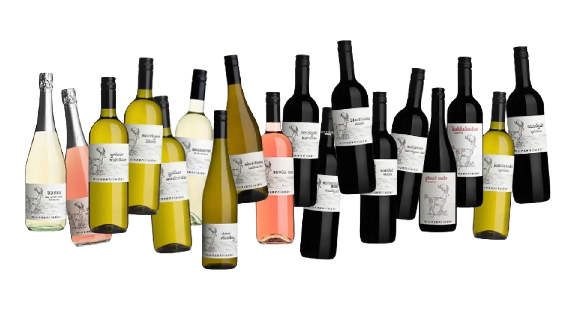 Eine Aufstellung von zahlreichen Weinflaschen des Weinguts Münzenrieder vor einem weißen Hintergrund. Die Sammlung zeigt eine Vielzahl von Weinsorten, darunter Sekt, Weißwein, Rosé und Rotwein. Jede Flasche trägt ein einheitliches, weißes Etikett mit einer stilisierten Illustration eines Hirsches und dem Namen 'münzenrieder'.