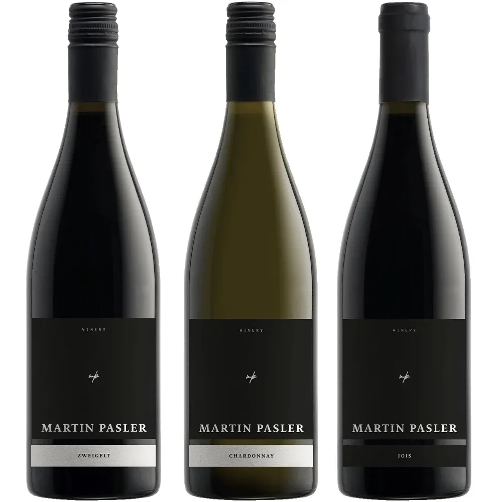 Drei Weinflaschen von Winery Martin Pasler stehen nebeneinander vor weißem Hintergrund. Alle Flaschen tragen schwarze Etiketten mit weißer Aufschrift. Die untersten Etikettenstreifen zeigen von links nach rechts die Weine Zweigelt, Chardonnay und Jois.