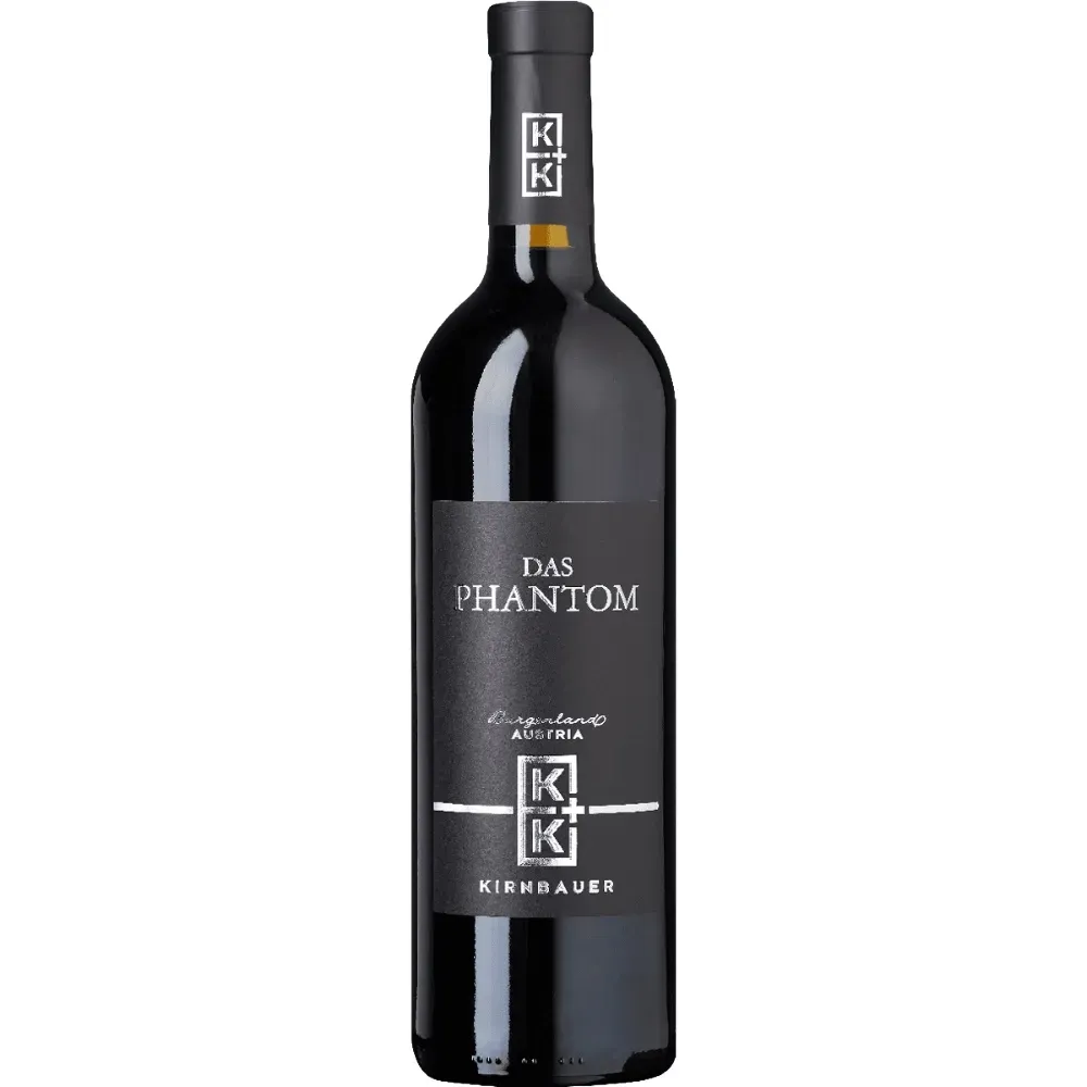 reigestelltes Produktfoto einer dunklen Rotweinflasche „Das Phantom“ vom Weingut K+K Kirnbauer. Das Etikett ist mattschwarz mit silberner Schrift und trägt das K+K-Logo sowie den Schriftzug „Burgenland Austria“.