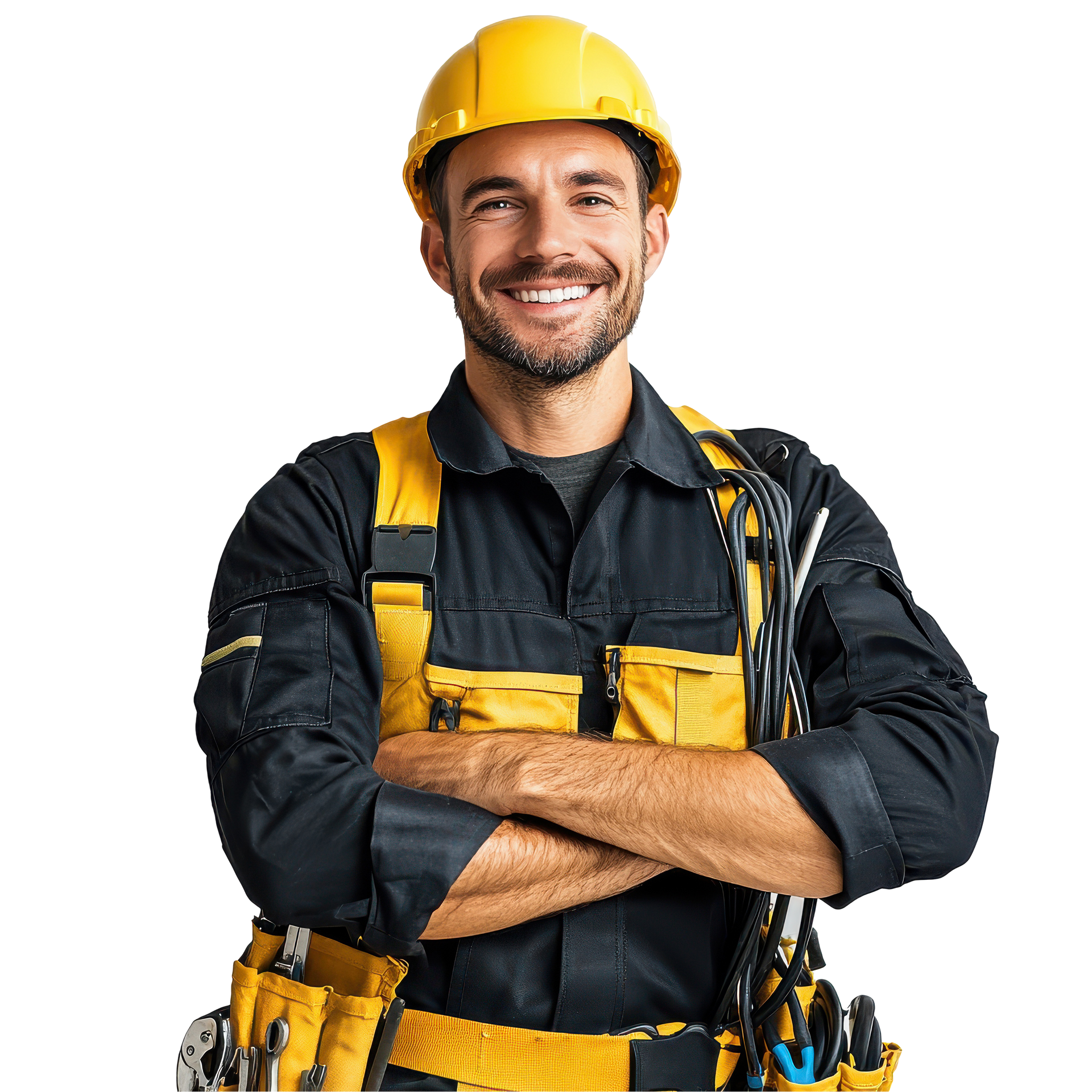 Smiling construction worker in yellow hard hat and tool belt, arms crossed against a white background