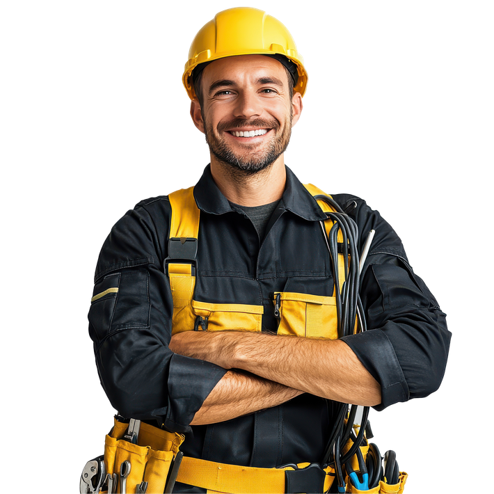 Smiling construction worker in yellow hard hat and tool belt, arms crossed against a white background