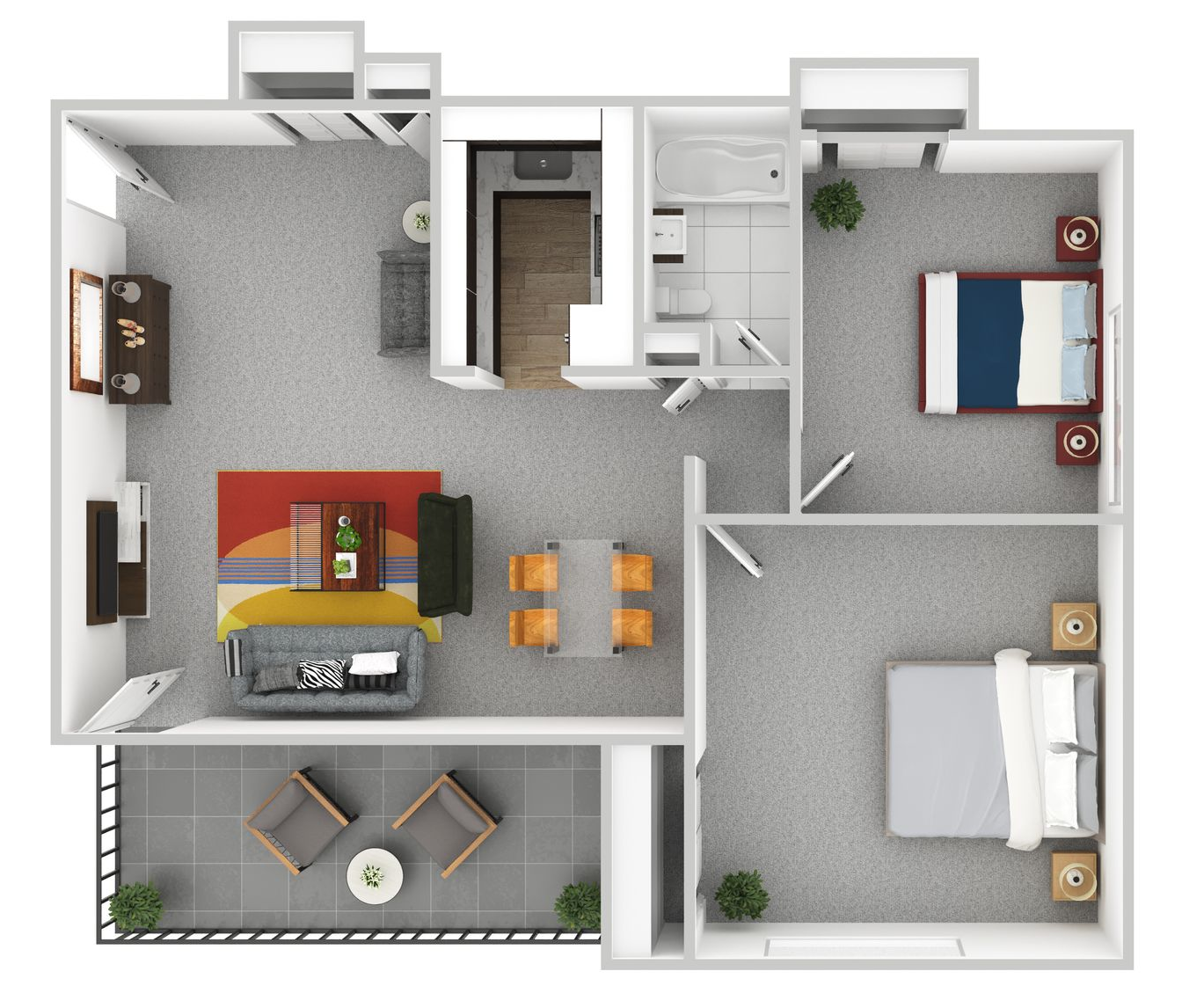 Floor plan of a two-bedroom apartment with kitchen, living room, dining area, balcony, and bathroom.