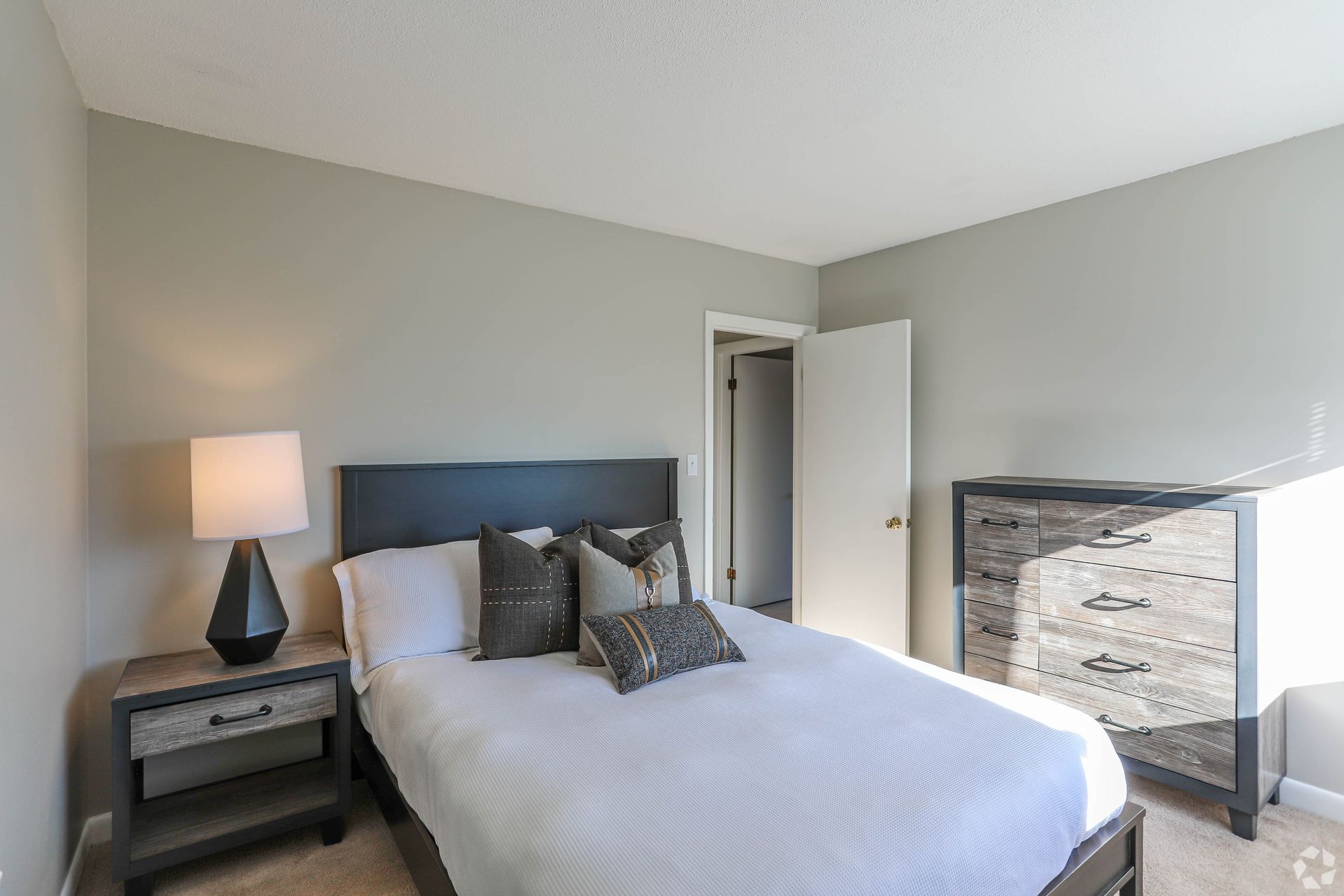 Bedroom with gray walls, bed, nightstand, dresser, and open door to another room.