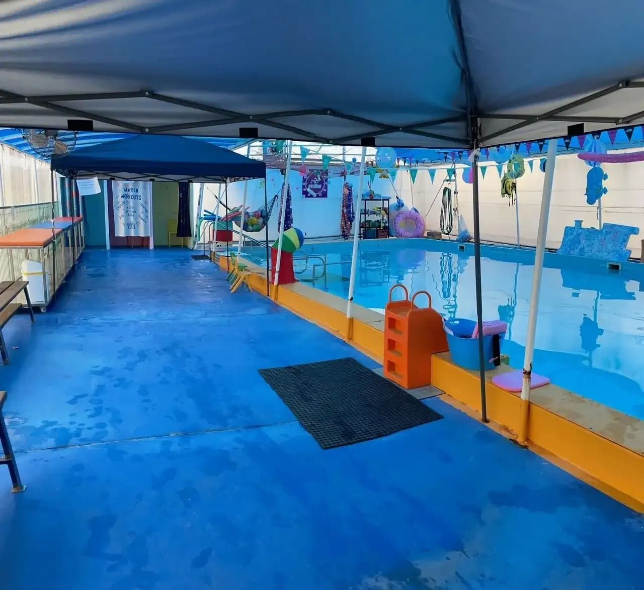 A Swimming Pool With a Blue Floor and a Blue Canopy — Affinity Swim in Norman Gardens, NSW
