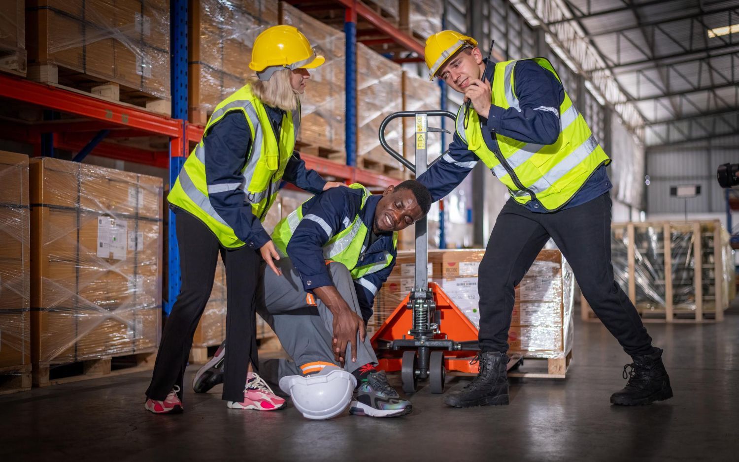 Workers in hard hats assisting an injured man in a warehouse, one pressing a bandage to his ankle.