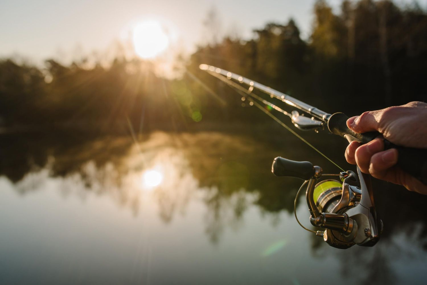 Hand holding a fishing rod over a calm lake at sunrise, with trees reflected in the water