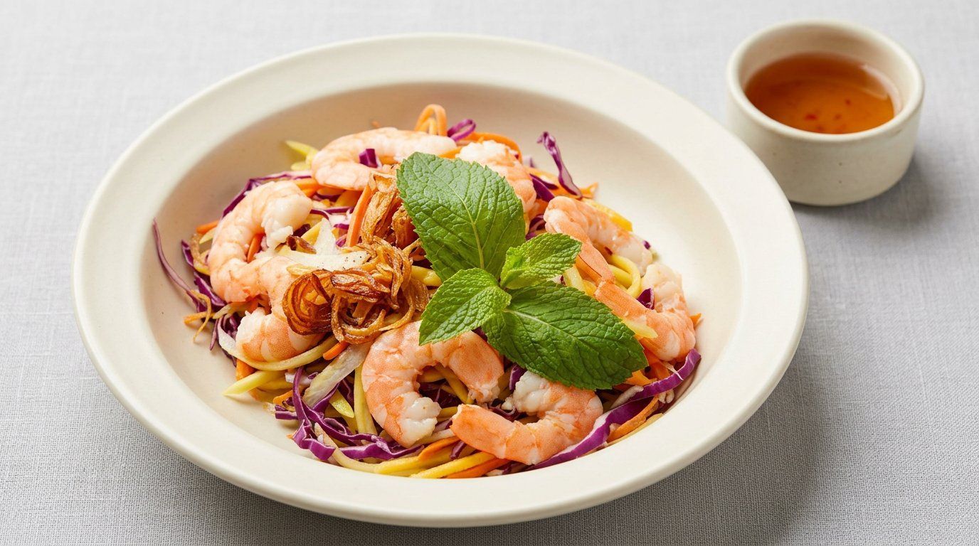 Plated shrimp salad with mint garnish and a small dipping sauce cup