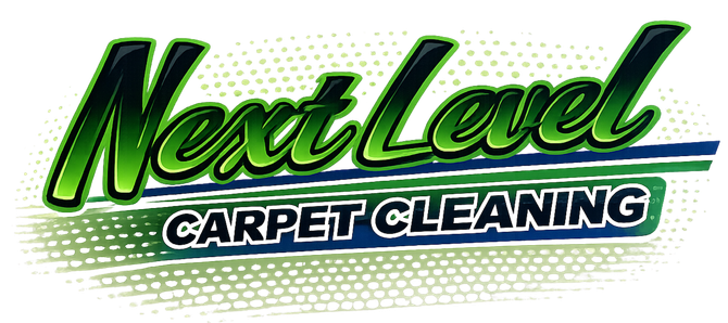 The logo for Next Level Carpet Cleaning features the company name in green, stylized text above the words Carpet Cleaning.