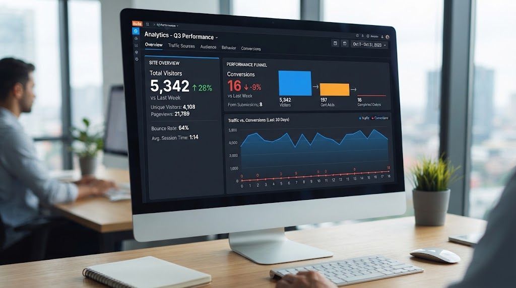 Analytics dashboard showing an increase in traffic but no conversions.