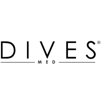 Dives Med logotips melnā krāsā ar minimālisma stila burtiem uz balta fona