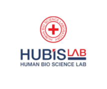 Hubis Lab logotips ar sarkanu krusta simbolu un zilgani sarkanu tekstu uz balta fona