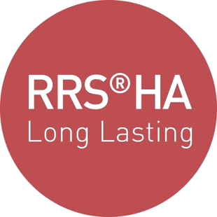 RRS®HA Long Lasting logotips — balts teksts uz sarkana apļa