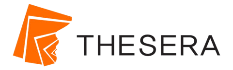 Oranžs ģeometrisks logotips ar melnu uzrakstu “THESERA” uz balta fona