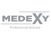 MEDEXY logotips ar pelēku tekstu un saukli “Profesionāla ādas kopšana”