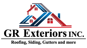 GR Exteriors INC. logo. Colorful roofs in blue, and red. Company name below, with "Roofing, Siding, Gutters and more."