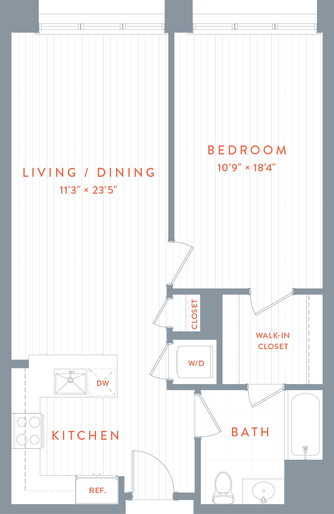 A floor plan of a house with a living room , bedroom , and kitchen.