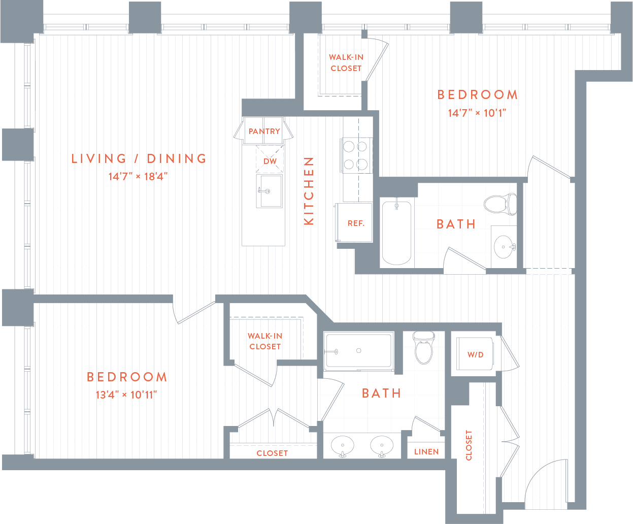 A floor plan of a house with two bedrooms and a bathroom