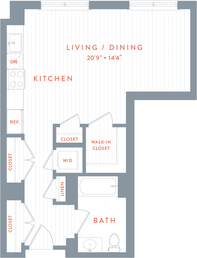 A floor plan of a studio apartment with a kitchen , dining room , and bathroom.