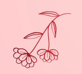 A drawing of two flowers with leaves on a pink background.