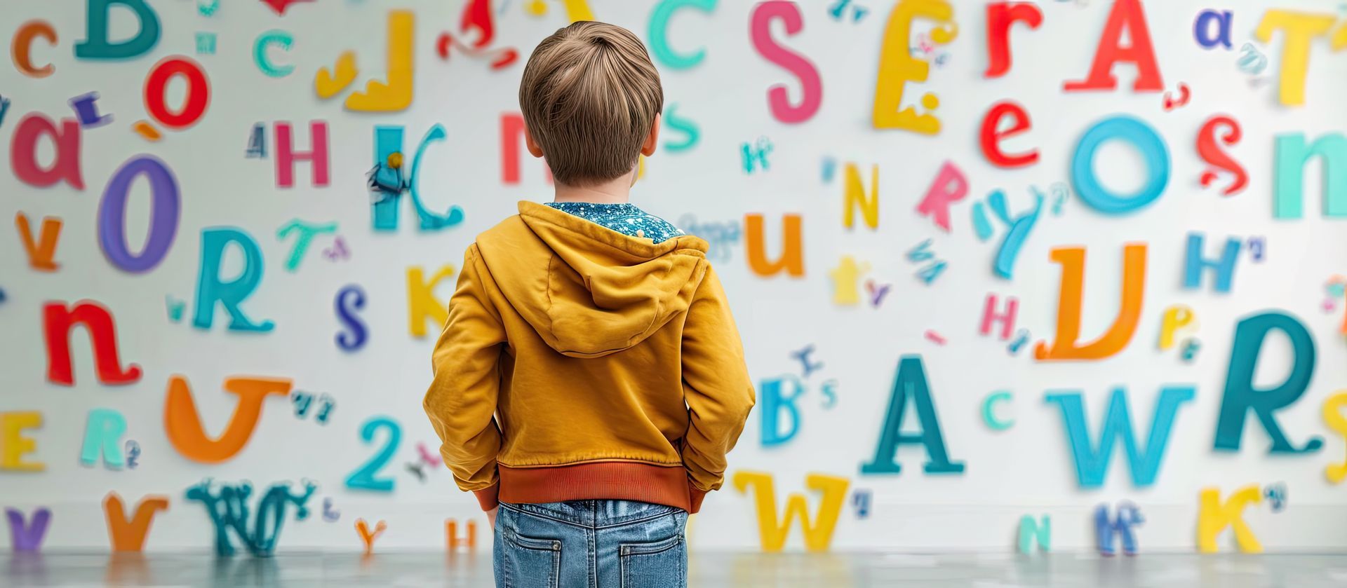 child in front of wall full of letters of the alphabet