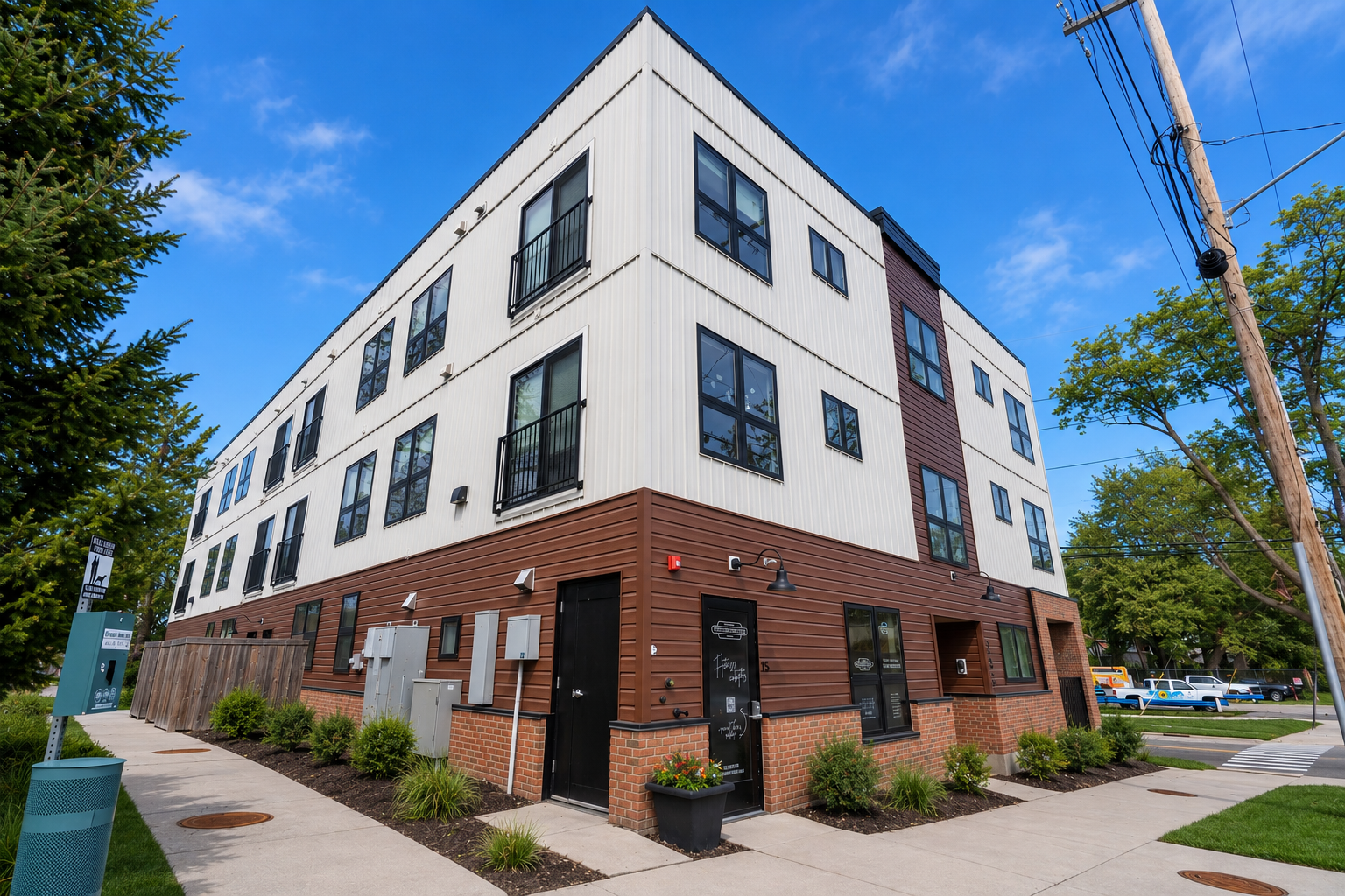 Photo of a three-story building, showing the sidewalks around the building and looking up at the building