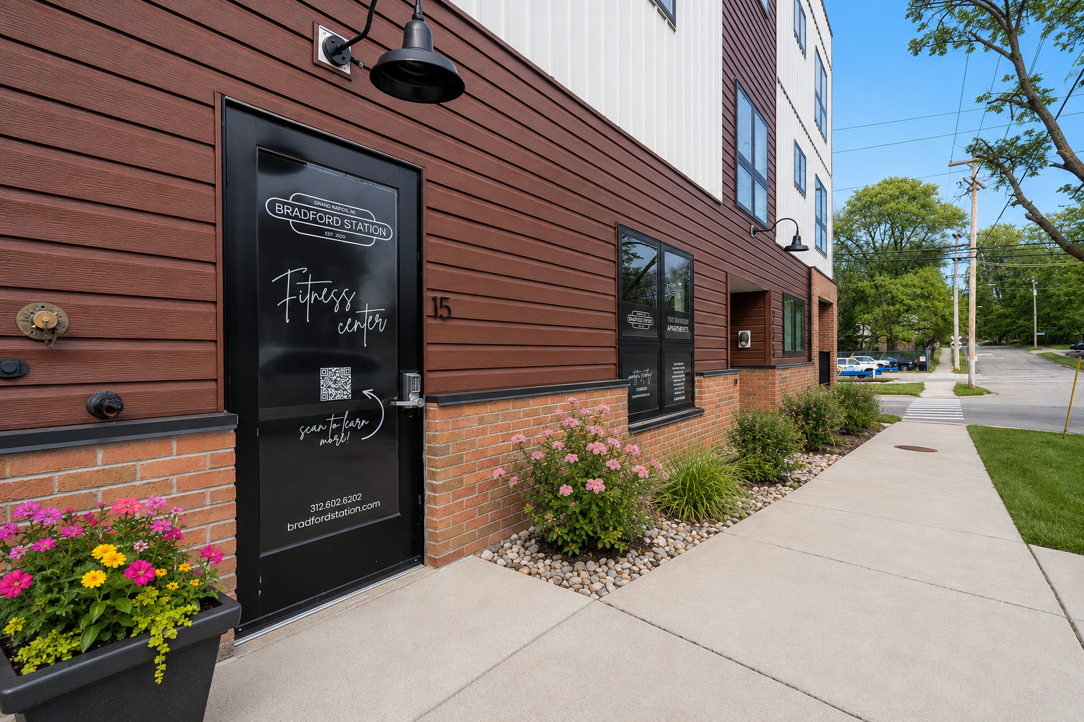 Photo of the door to the fitness center on the side of the building