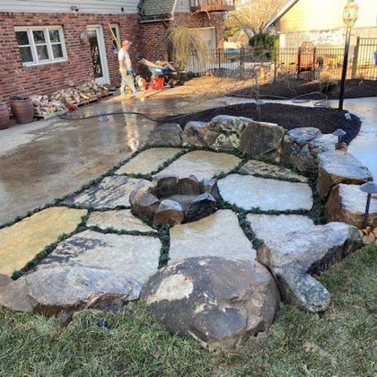 Stone fire pit area on a grassy lawn with a brick house in the background. Man walks nearby.