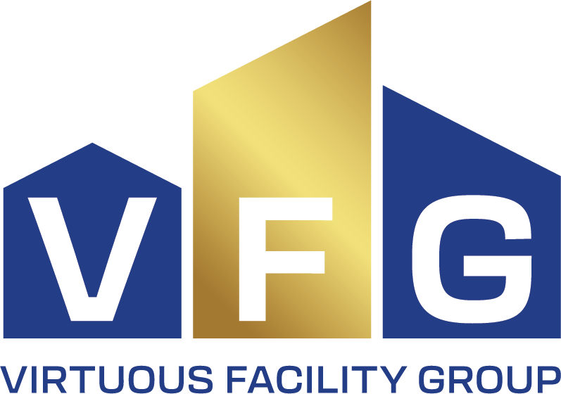 VFG Virtuous Facility Group logo with blue, gold, and blue geometric letters on white background