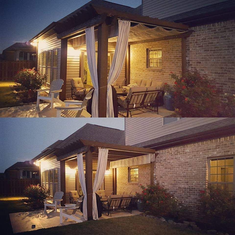 House Covered Patio with White Curtains — Decatur, AL — Evans Awnings