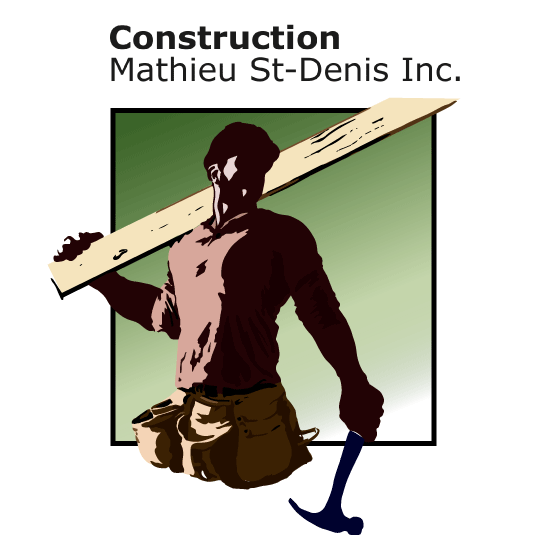 Logo de l'entreprise de construction Mathieu St-Denis Inc. représentant un travailleur transportant une planche et tenant un marteau.