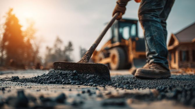 A worker uses a rake to spread asphalt on a construction site with heavy machinery and a house in the background.