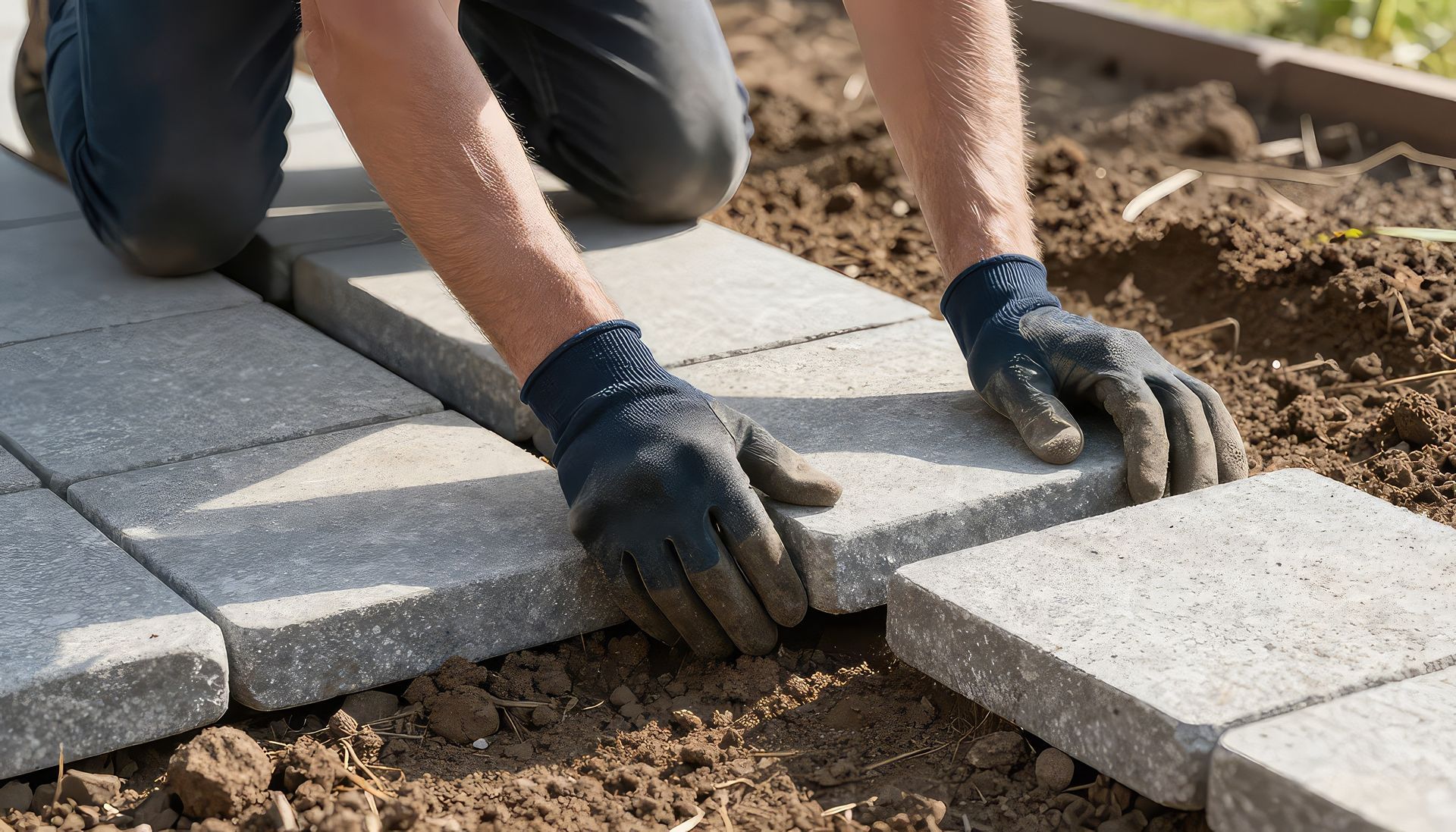 Gloved hands laying gray paving stones into a dirt pathway outdoors