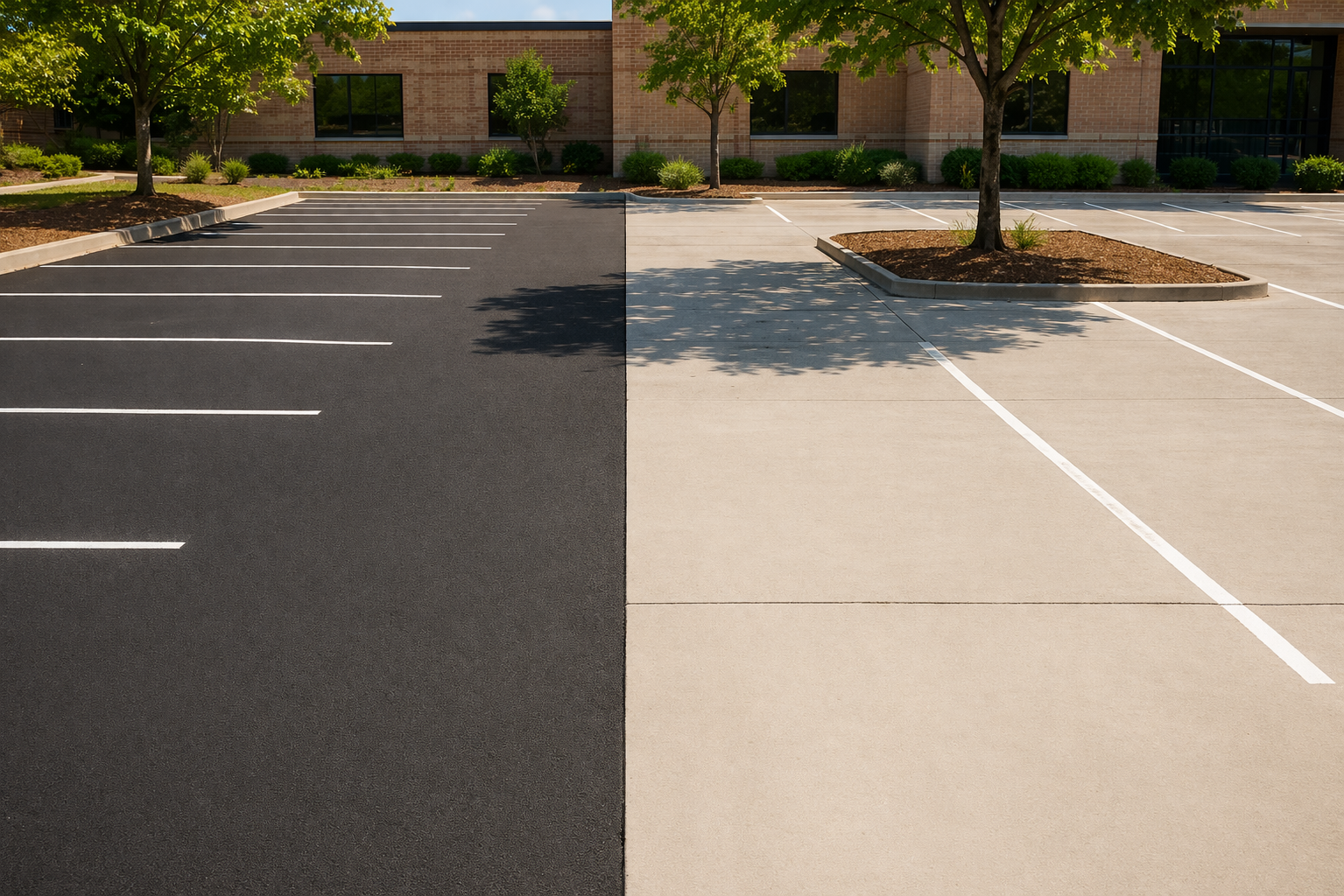 Empty parking lot with split asphalt and concrete surfaces in front of a building.