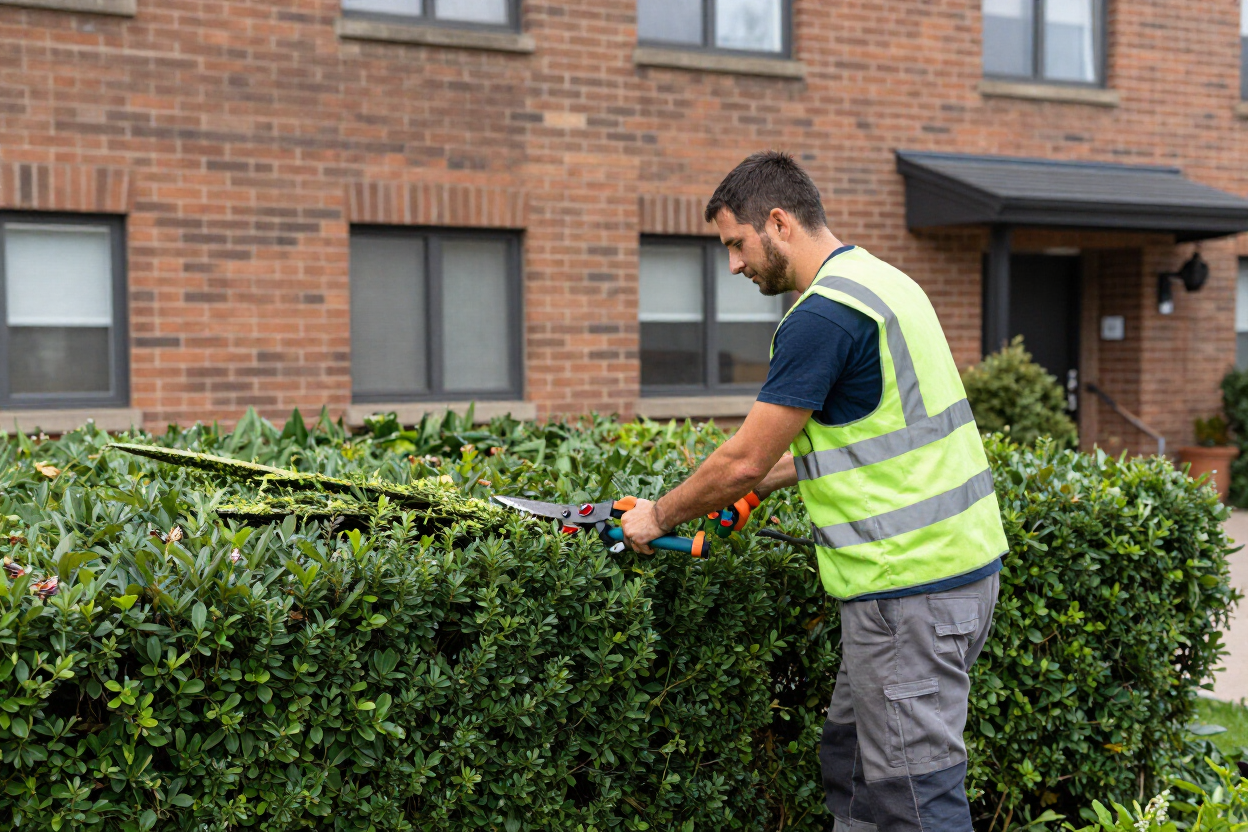 Urban Forest crew pruning a hedge at a Burnaby strata.