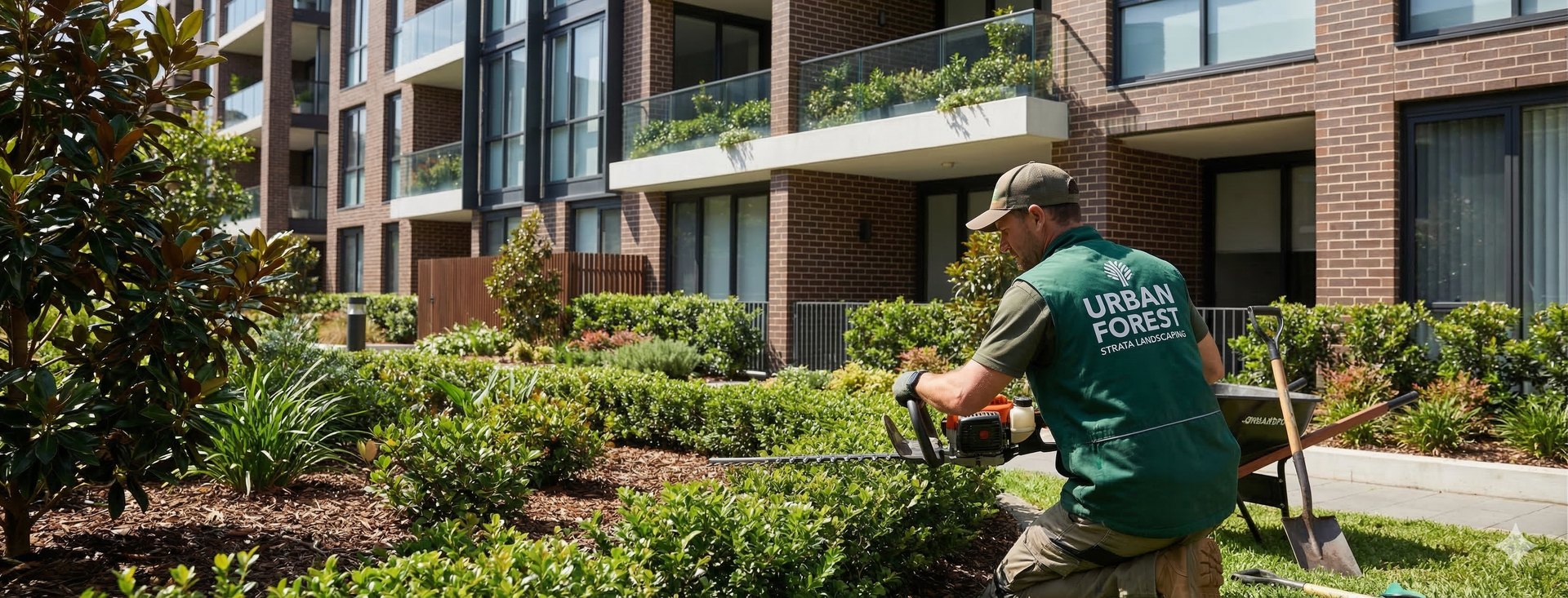 A gardener in a green vest trims a hedge outside a modern brick apartment building on a sunny day.