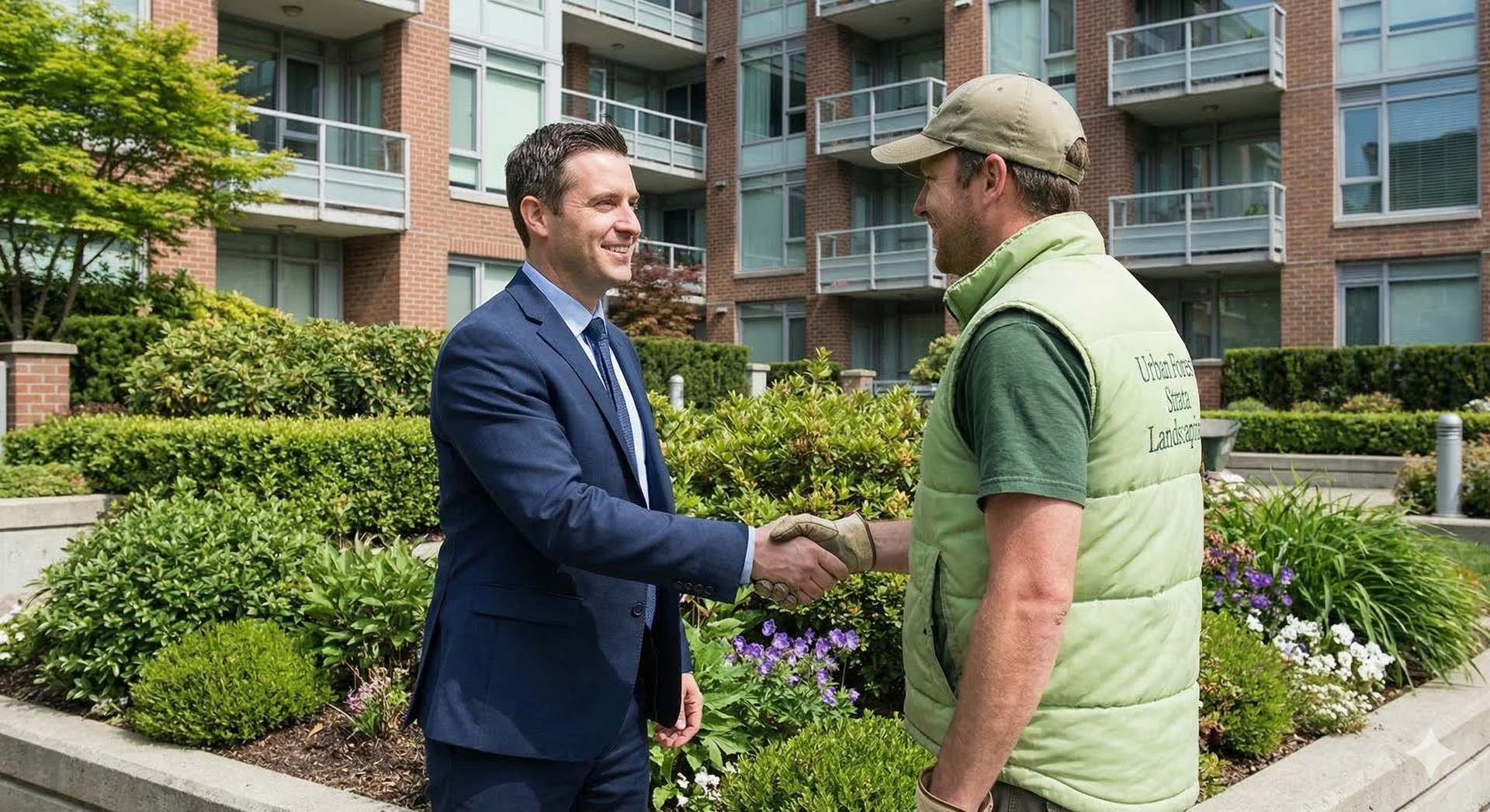 Property Manager meeting with Urban Forest Landscaping team member