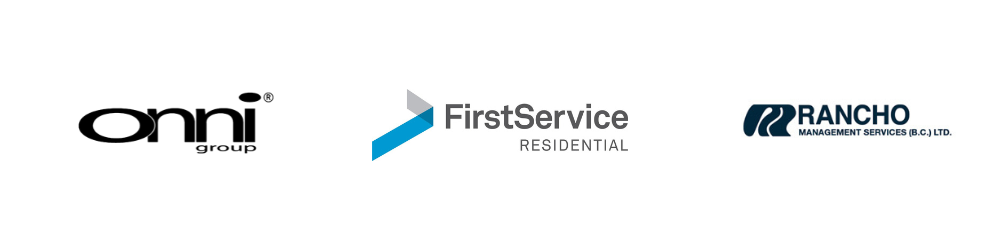 Logos for Onni Group, FirstService Residential, and Rancho Management Services arranged in a horizontal row.