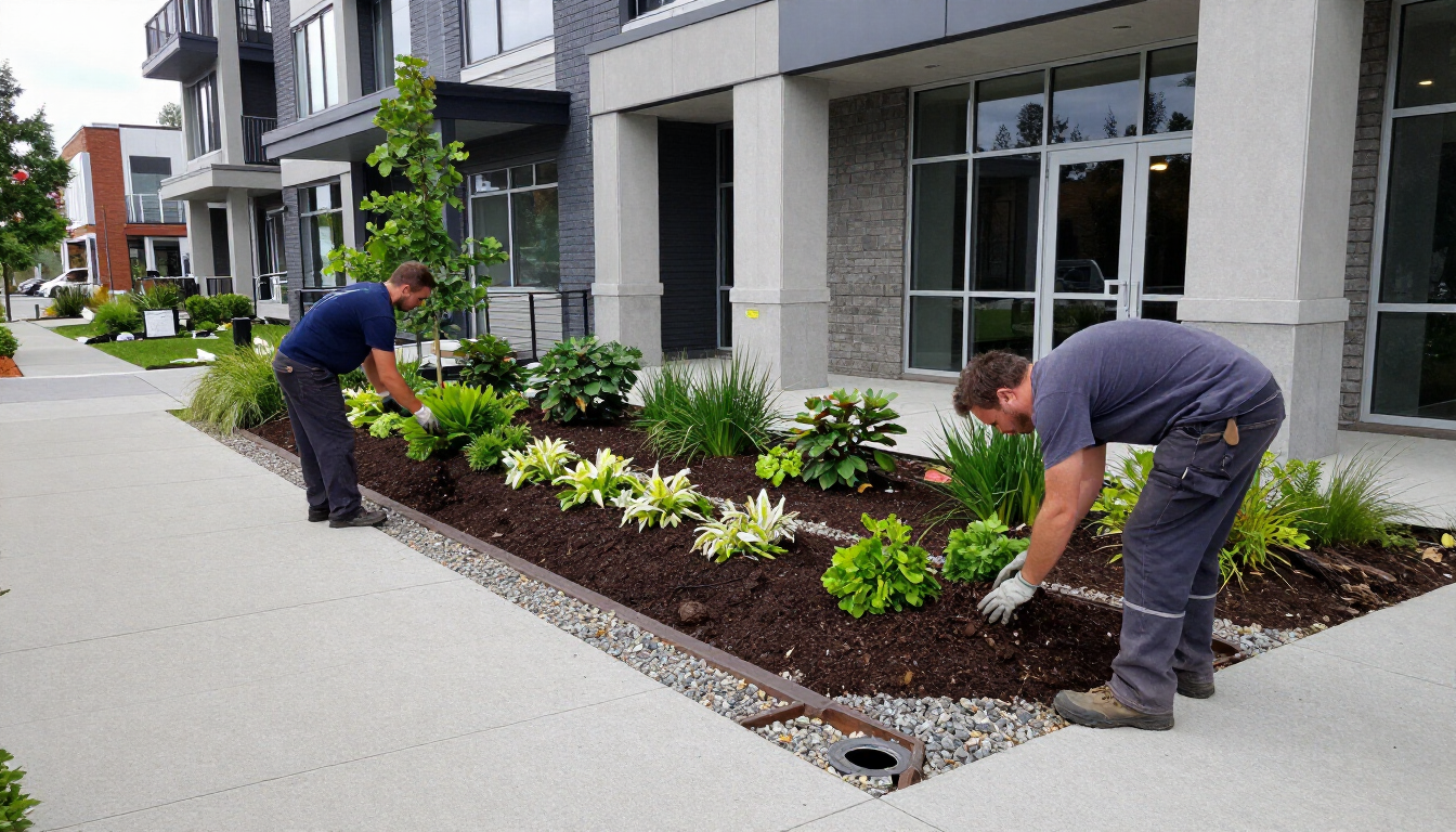two landscapers doing a planter bed refresh or drainage fix
