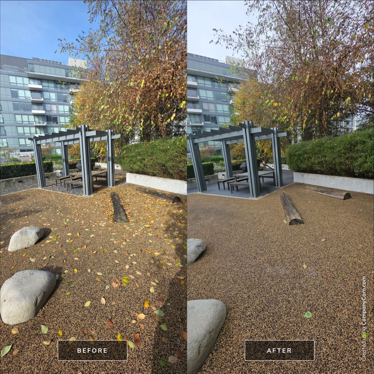 A split-screen comparison of a park playground with gravel ground covered in fallen leaves before and after being cleared.