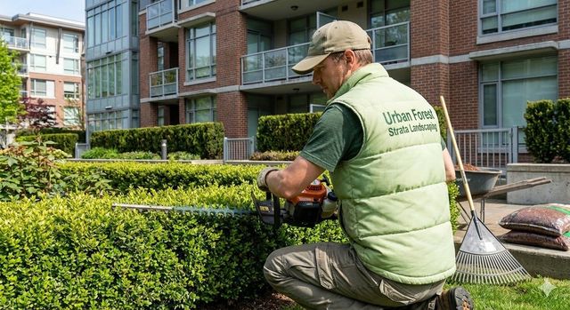 Landscaping crew member trimming a hedge in a residential strata development