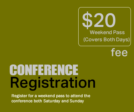 A green sign that says conference registration on it