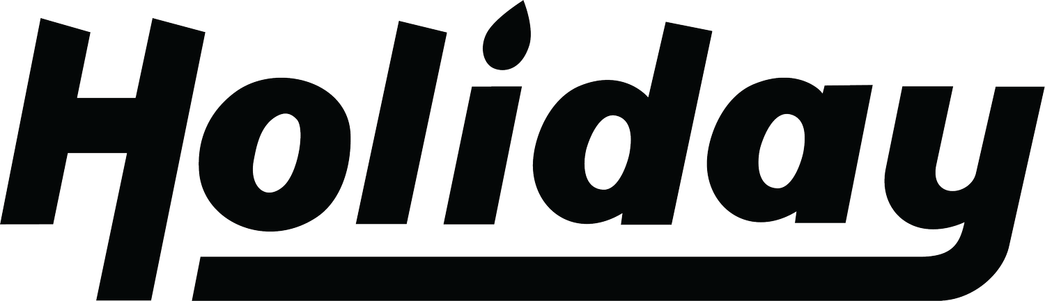 The word holiday is written in black on a white background.