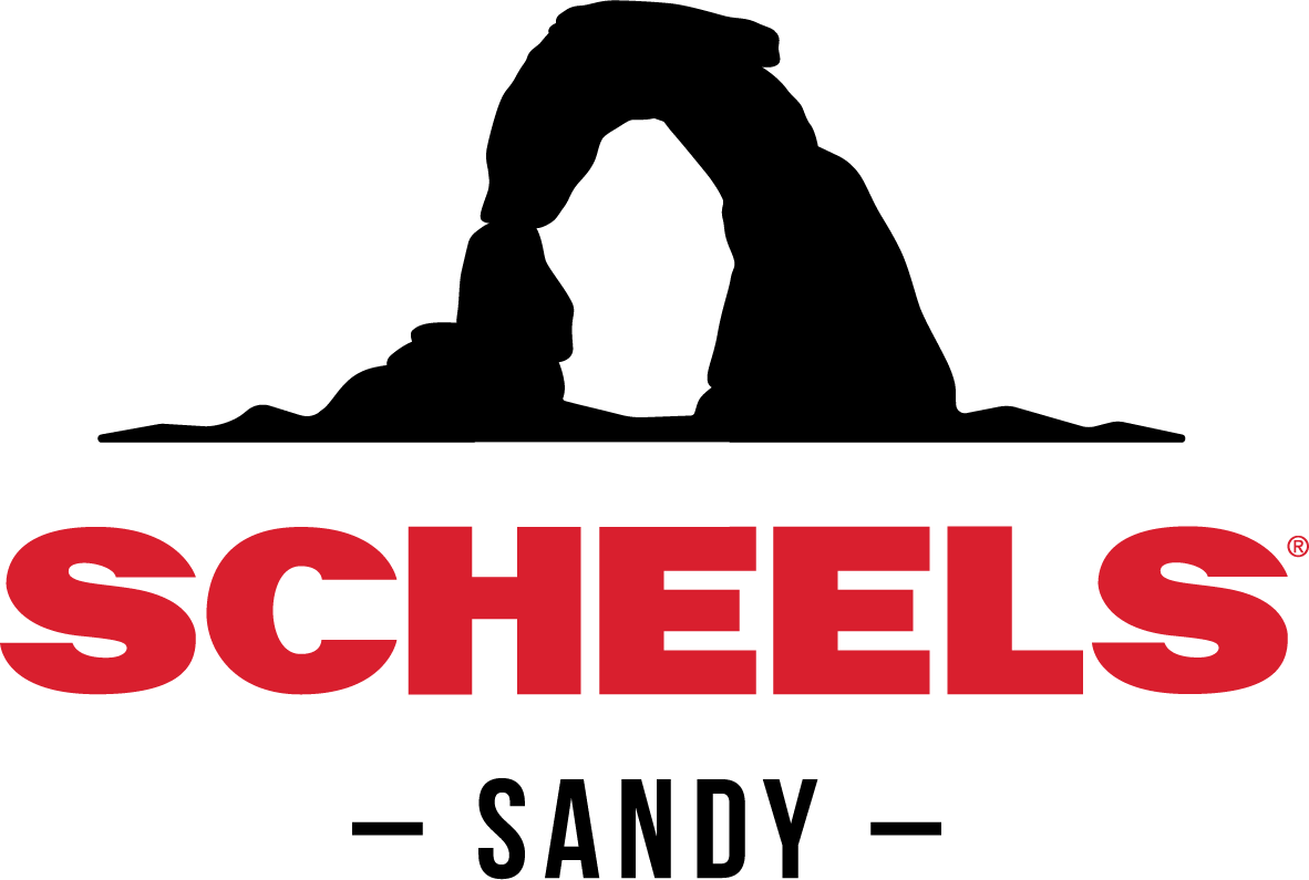 A logo for scheels sandy with a rock formation in the background