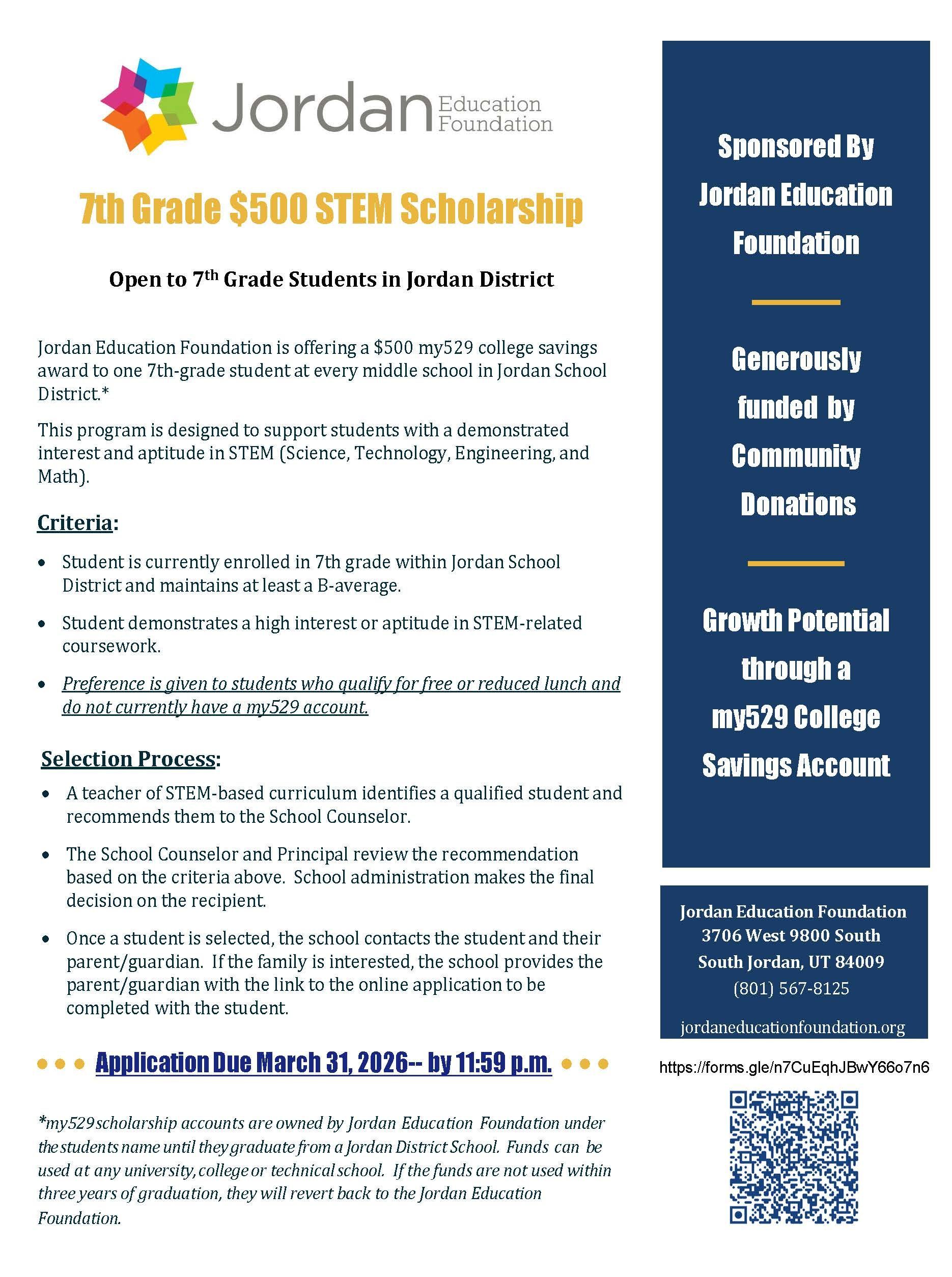 A flyer for the jordan stem my529 7th grade student savings account