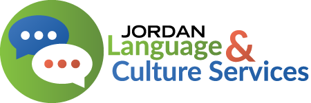 Logo for Jordan Language & Culture Services: two speech bubbles within a green circle.