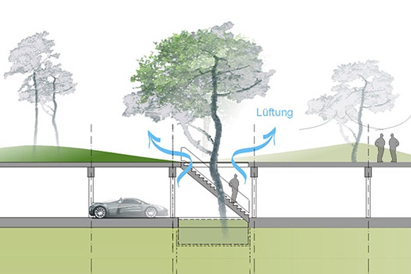 Eine Zeichnung eines unter einem Baum geparkten Autos.