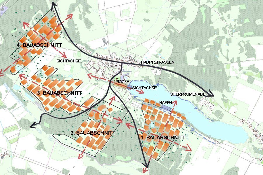 Eine Karte einer Stadt mit Pfeilen, die in verschiedene Richtungen zeigen